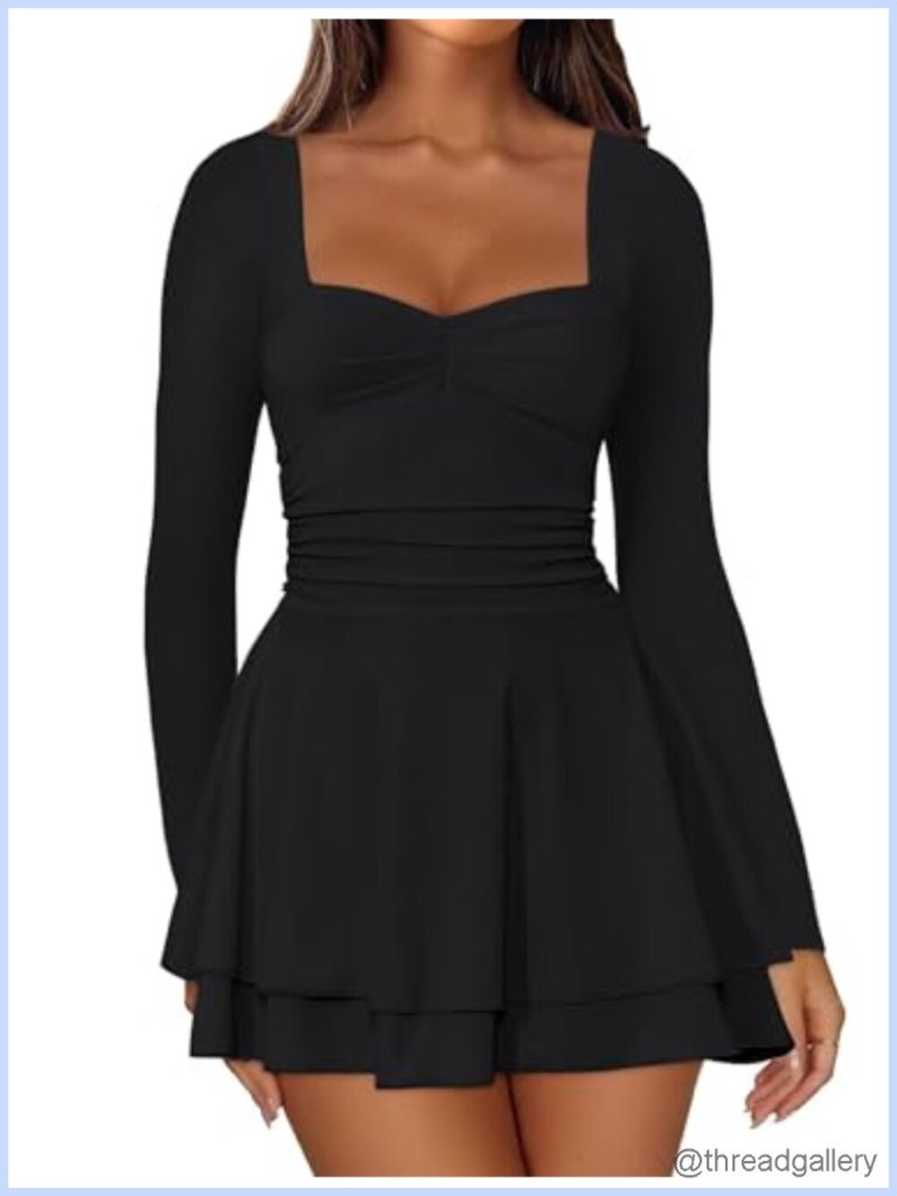 IWD Women's Square Neck Long Sleeve Mini Dress A-Line Party Club Dress